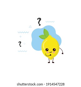 Cute happy smiling lemon with the question mark.card or poster design.kawaii cartoon illustration.cute illustration for children