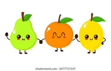 Lindo limón sonriente feliz, naranja, fruta de pera. Vector dibujado a mano doodle estilo kawaii ilustración de personaje de dibujos animados