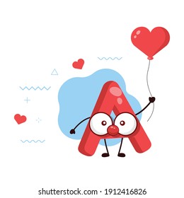 Cute happy smiling letter A with Red heart balloon.card or poster design.kawaii cartoon illustration.cute illustration for children.