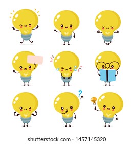 Cute happy smiling light bulb character set collection. Vector flat cartoon illustration icon design. Isolated on white background. Light bulb character concept
