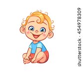 Cute happy smiling little baby boy. Adorable sitting and laughing cartoon toddler character. Baby emotions. Colorful vector illustration  isolated on white background.