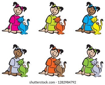cute happy smiling little girl wearing a dress and bows in her hair with ponytails sitting patting multiple colorful vector choices