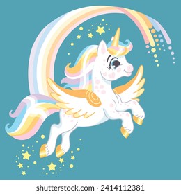 Cute happy smiling magic unicorn with a rainbow in pastel colors. Vector illustration in cartoon style for print, decor, kids clothes, souvenirs, stickers. Isolated character on white background