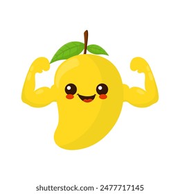 Lindo feliz sonriente mango fruta muestra carácter muscular. Vector dibujado a mano de dibujos animados kawaii personaje