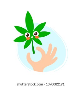 Cute happy smiling marijuana leaf in hand. .Vector flat style illustration icon design. Isolated on white background. Cannabis leaf,weed concept