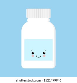 Cute happy smiling medicine pill capsule bottle. Vector flat cartoon character illustration icon design. Isolated on blue background.