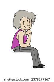 Un personaje de mujer de mediana edad, alegre y sonriente, sentado con la mano en la cara. Colorida ilustración vectorial de estilo caricatura sobre fondo blanco.