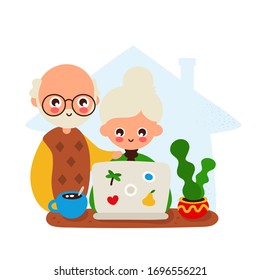 Cute happy smiling old man and woman at a desk with laptop and cat.Vector hand drawing flat style illustration icon design. Isolated on white background. Work, teaching at home concept