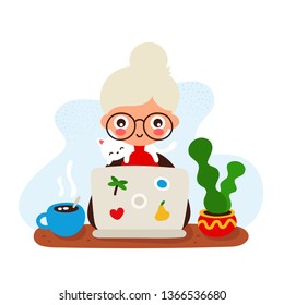 Cute happy smiling old woman at a desk with a laptop and cat.Vector hand drawing flat style illustration icon design. Isolated on white background.Work,teeching at home. Freelance grandmother concept