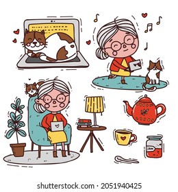 Cute happy smiling old woman with a laptop and cat. Vector hand drawing flat style illustration. Doodle character.