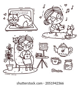 Cute happy smiling old woman with a laptop and cat. Vector hand drawing illustration. Doodle character.