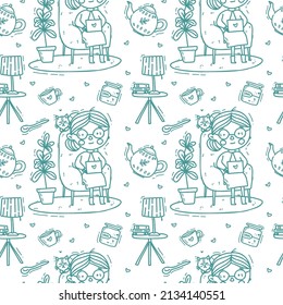 Cute happy smiling old woman with a laptop and cat. Vector hand drawing flat style seamless pattern . Doodle character.