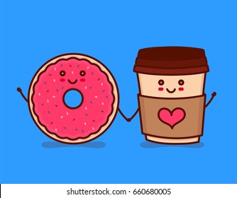 Cute happy smiling paper coffee cup with heart and tasty donut friends in love. Vector modern line outline flat style cartoon character illustration. Isolated on blue background.Concept creative card