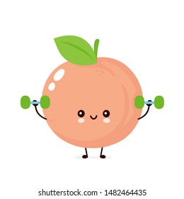 Cute happy smiling peach with dumbells. Vector flat cartoon character illustration icon design. Isolated on white background. Peach fruit fitness concept