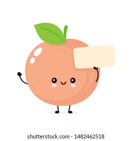 Cute happy smiling peach with empty sign. Vector flat cartoon character illustration icon design. Isolated on white background. Peach fruit  concept