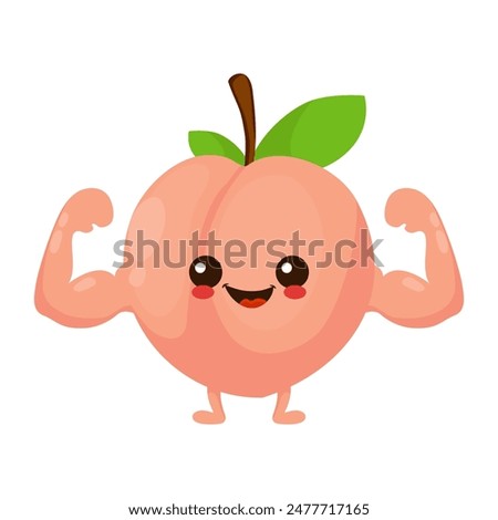 Cute happy smiling peach fruit show muscle character. Vector hand drawn cartoon kawaii character