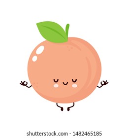 Cute happy smiling peach meditate in yoga pose. Vector flat cartoon character illustration icon design. Isolated on white background. Peach fruit yoga meditation concept