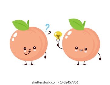 Cute happy smiling peach with question mark and idea lightbulb. Vector flat cartoon character illustration icon design. Isolated on white background. Peach fruit  concept