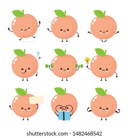 Cute happy smiling peach. Vector flat cartoon character illustration icon design. Isolated on white background. Peach fruit  concept