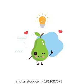 Cute happy smiling Pear character got The Idea with Bulb.card or poster design.