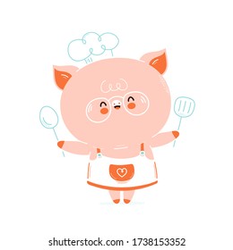 Cute happy smiling pig chef. Isolated on white background. Vector cartoon character illustration