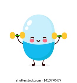 Cute happy smiling pill doing exercises with dumbbells. Vector modern flat style cartoon character illustration. Isolated on white background.Pill train concept