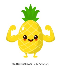 Cute happy smiling pineapple fruit show muscle character. Vector hand drawn cartoon kawaii character