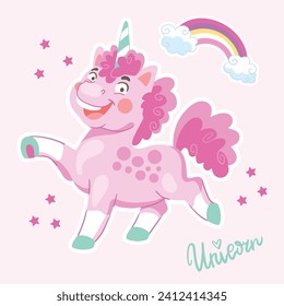 Cute happy smiling pink body positive unicorn with rainbow and stars. Vector illustration in cartoon style for print and decor, fabrics, souvenirs, stickers. Isolated character on pink background