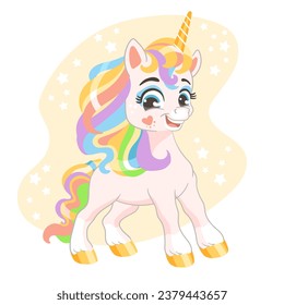 Cute happy smiling pink unicorn with rainbow mane. Vector illustration in cartoon style is ideal for print and decor kids clothes, fabrics, souvenirs,stickers. Isolated character on white background