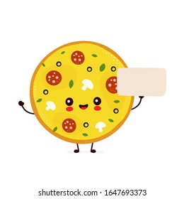 Cute happy smiling pizza with empty sign. Vector flat cartoon character illustration icon design.Isolated on white background. Pizza menu concept