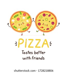 Cute happy smiling pizza friends. Isolated on white background. Vector cartoon character illustration