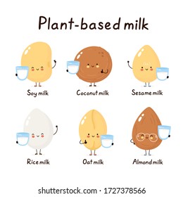 Cute happy smiling plant based milk characters  Isolated white background  Vector cartoon character illustration  Soy soybean coconut sesame rice oat almond vegan vegetarian milk happy characters