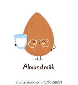 Cute happy smiling plant based almond milk character. Isolated on white background. Vector cartoon character illustration.Cute almond milk,plant based nut milk logo mascot cartoon character kawaii art