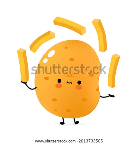 Cute happy smiling potato juggle french fries. Isolated on white background. Vector cartoon character illustration design,simple flat style. Potato french fries fast food concept