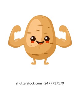 Cute happy smiling potato show muscle character. Vector hand drawn cartoon kawaii character
