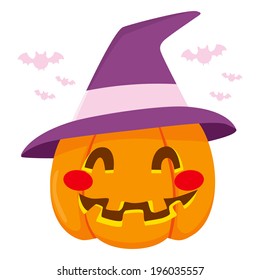 Cute happy smiling pumpkin Halloween decoration with big purple witch hat