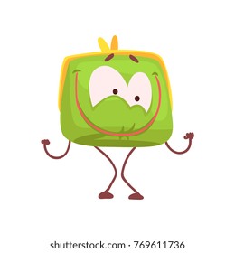 Cute happy smiling purse character, funny green humanized pouch cartoon vector illustration