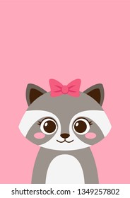 Cute Happy Smiling Raccoon Girl. Happy Birthday Card Or Party Invitation. Vector Illustration