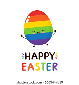 Cute happy smiling rainbow easter egg character. Happy Easter card.Vector flat cartoon illustration icon design. Isolated on white background. LGBTQ, Gay card concept