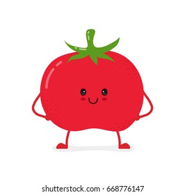 Cute happy smiling raw fresh tomato vegetable. Vector modern flat style cartoon character illustration. Isolated on white background.