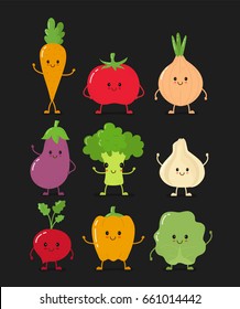 Cute happy smiling raw vegetable collection set.Vector flat style cartoon character illustration.Isolated on black background.Carrot, tomato, onion, eggplant, garlic, broccoli, cabbage, pepper, radish