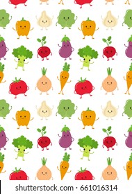 Cute happy smiling raw vegetable collection set vector seamless pattern vector flat character illustration icon.Carrot, tomato, onion, eggplant, garlic, broccoli, cabbage, pepper, radish