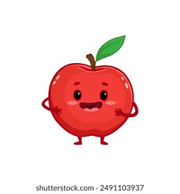 Cute happy smiling red apple. Flat cartoon fruit isolated on white. Illustration for kids, magazins, menu, market, cards. Vector