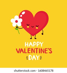 Cute happy smiling red heart with flower character. Happy Valentine's Day card.Vector flat cartoon illustration icon design. Isolated on white background. Valentine's Day concept