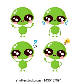 Cute happy smiling and sad alien character set collection. Vector flat cartoon illustration icon design. Isolated on white background. Alien character concept