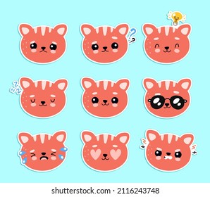 Cute happy smiling and sad cat character emoji set collection. Vector flat cartoon emoji illustration icon design. Isolated on white background. Cat, kitty emotions character concept