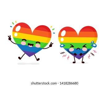 Cute happy smiling and sad cry LGBT heart character. Vector flat cartoon illustration icon design. Isolated on white background. Human rights. LGBTQ. Gay pride concept