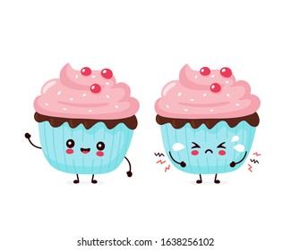Cute happy smiling and sad cry cupcake. Vector flat cartoon character illustration icon design.Isolated on white background. Cupcake, cake, dessert menu concept