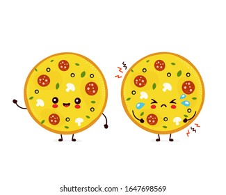 Pequeña pizza alegre sonriente y triste grito. Icono de ilustración de caricatura plana vectorial.Aislado sobre fondo blanco. Concepto de menú pizza