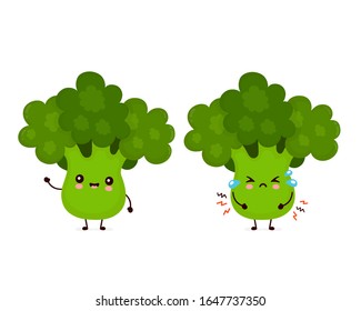 Cute happy smiling and sad cry broccoli vegetable. Vector flat cartoon character illustration icon design.Isolated on white background. Green broccoli vegetable concept